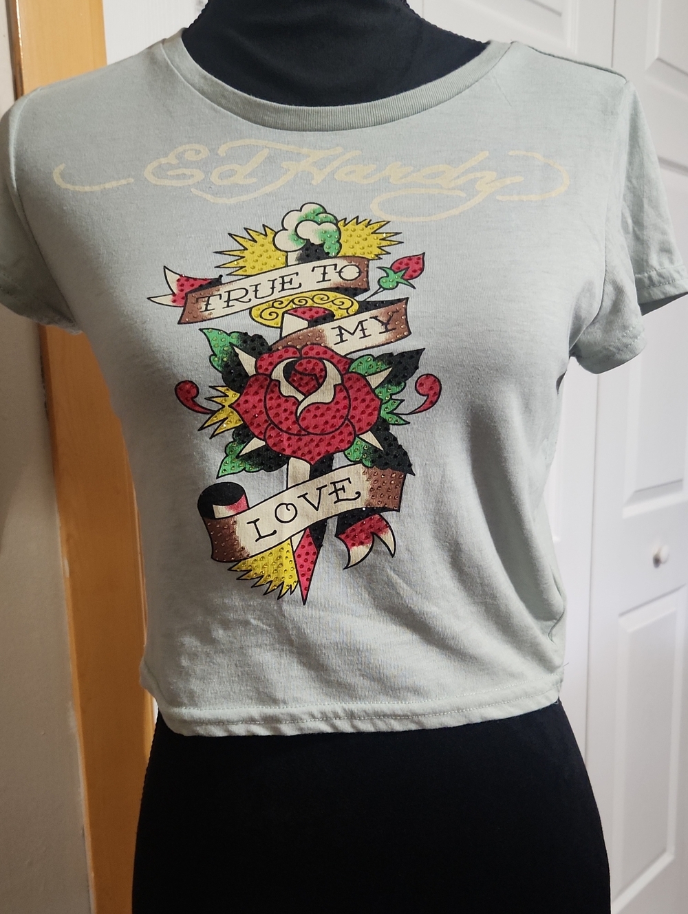 Ed Hardy Sage Embellished "True to my Love" Graphic Crop Tee